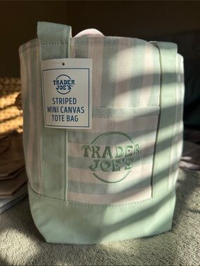 Green Striped Mini Canvas Tote Bag - Mint/cream